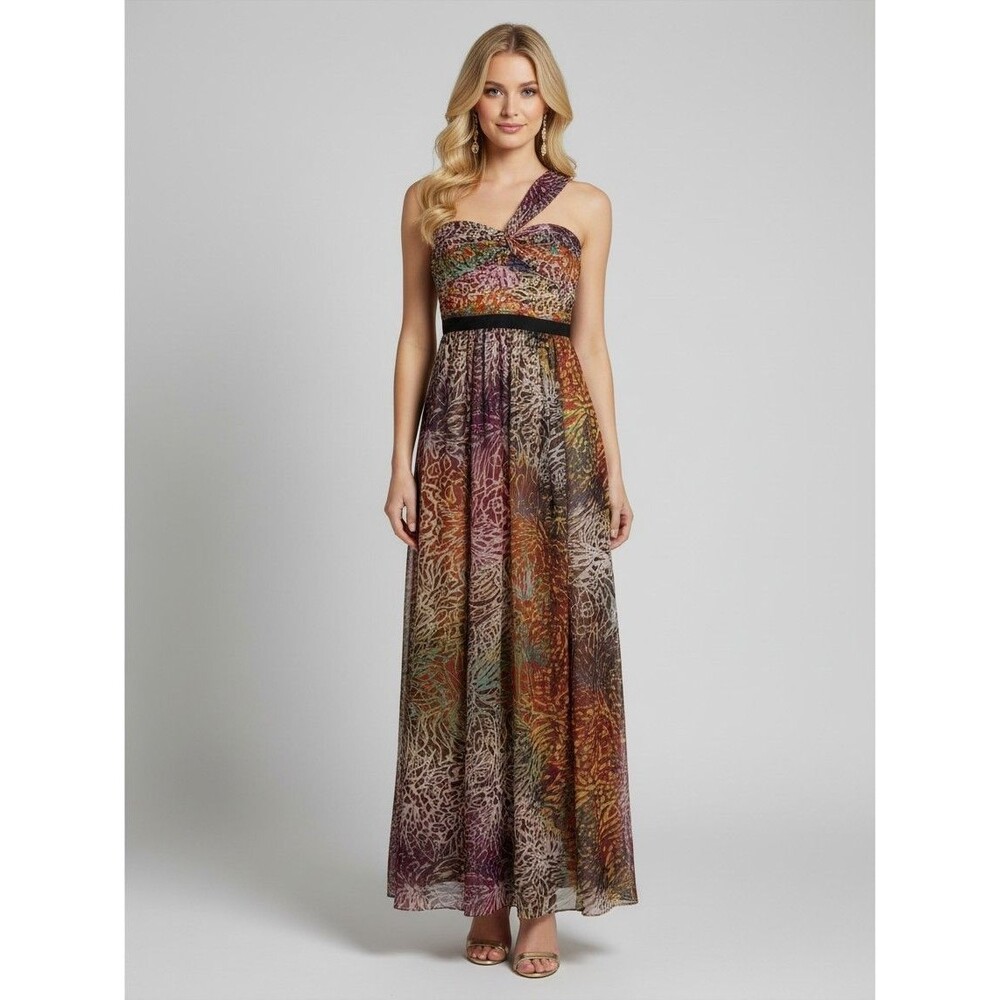BCBG Maxazria Inga Begonia Silk Metallic Dress One Shoulder Maxi Floral Size 2